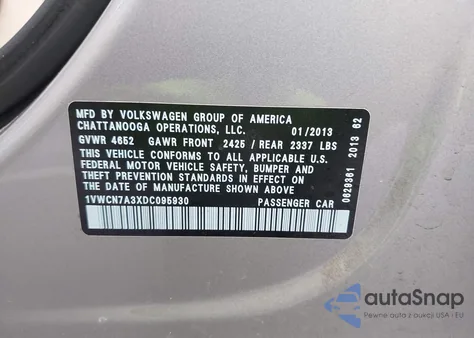 2013 Volkswagen Passat 2.0L Tdi Sel Premium z USA, uszkodzony, nr VIN 1VWCN7A3XDC095930